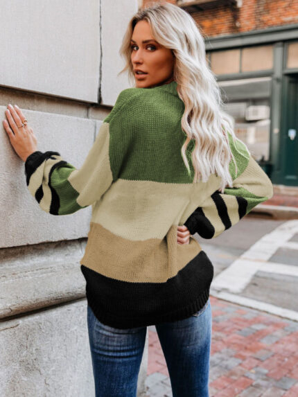 Color Block Print Drop Shoulder Pullover Sweater