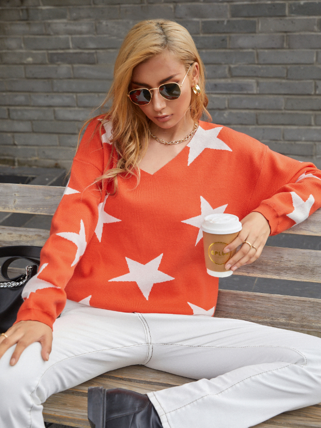 V-neck Five-pointed Star Knitted Sweater