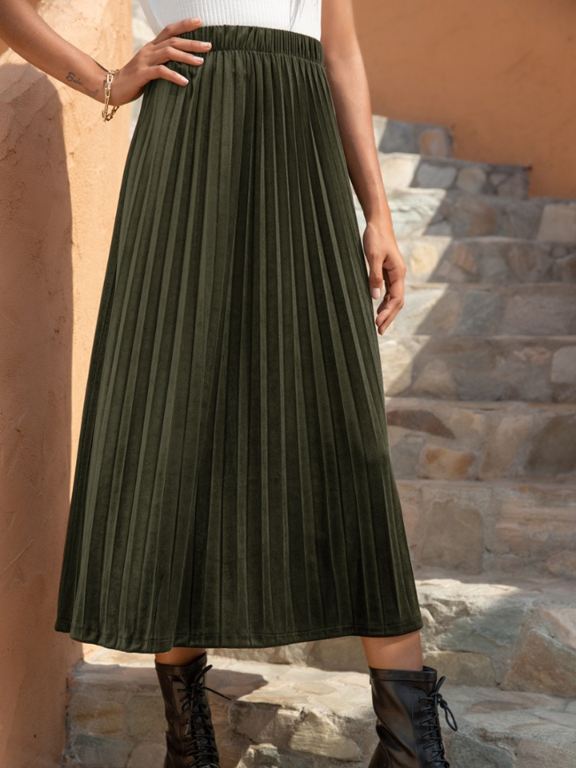 Velvet A-line Dress D-ring Pleated Skirt
