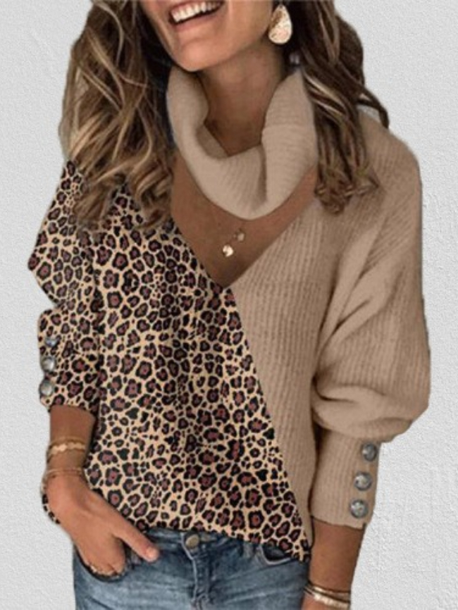 Leopard print color block scarf knitted top