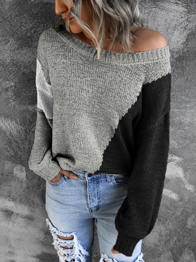 Color block off-shoulder knitting sweater