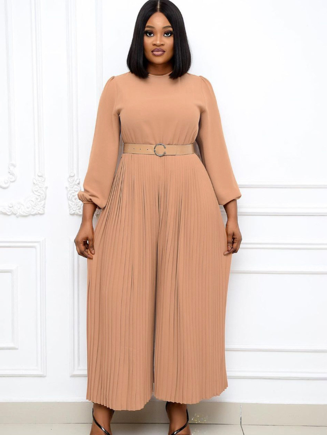 Pure color pleated jumpsuit (with belt)