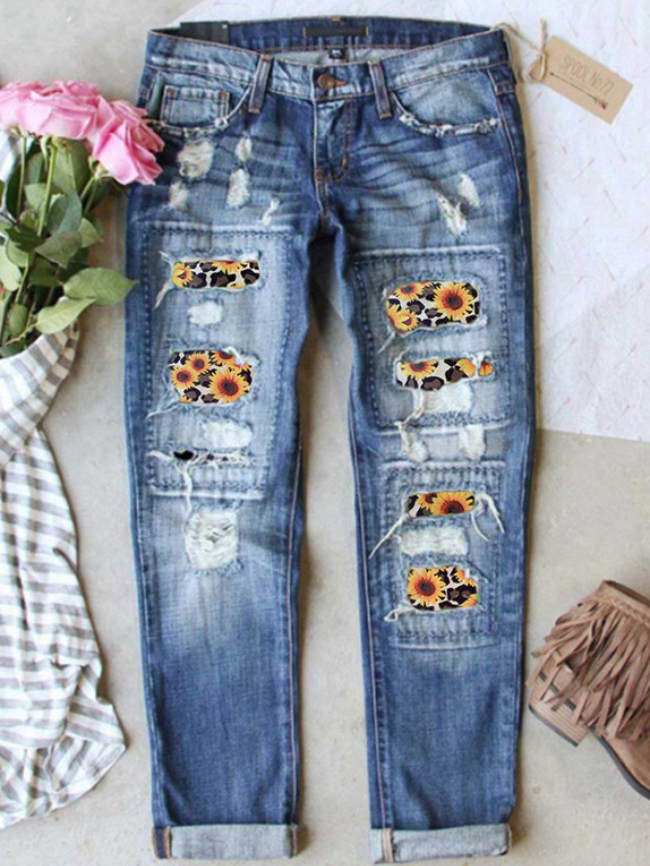 Sunflower print straight-leg jeans
