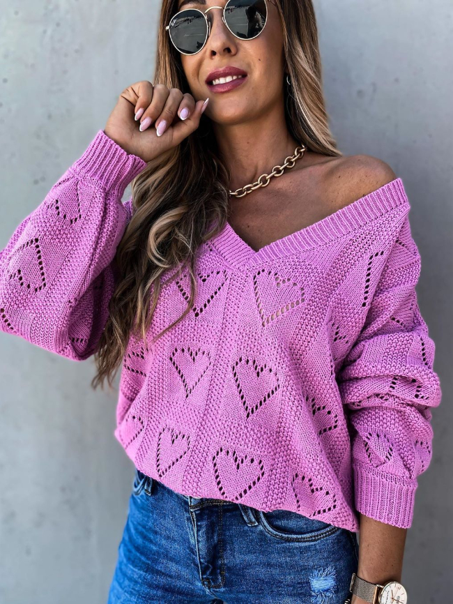 V-neck heart-shaped hollow sweater