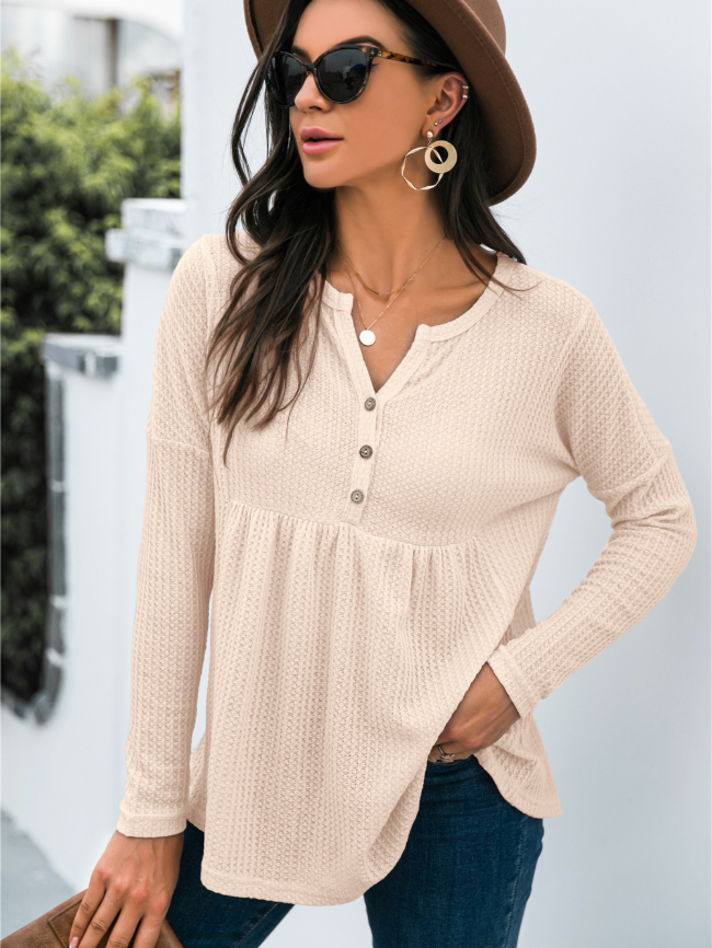 Button Waffle Long Sleeve Top