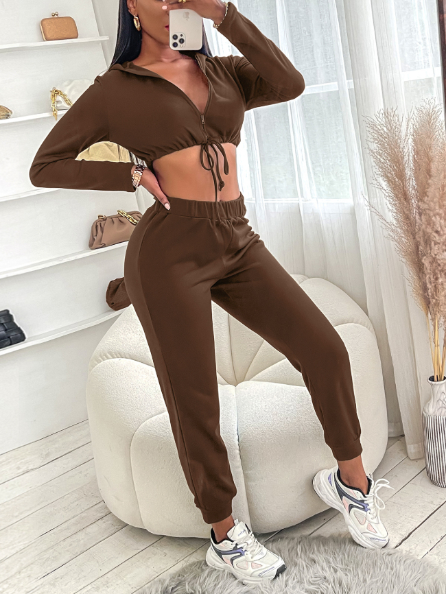 Casual zipper drawstring two-piece suit