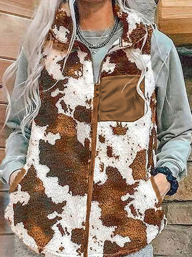 Cow print stand-up collar zipper vest