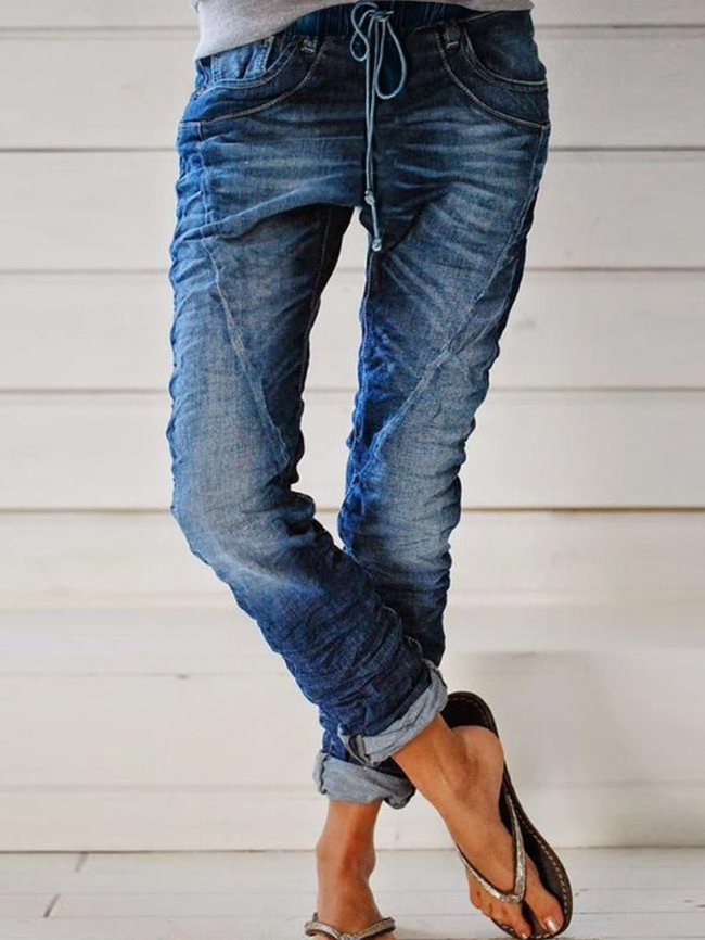 Drawstring elastic waist casual jeans