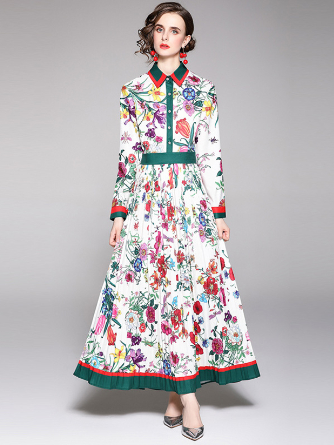 Elegant floral print lapel dress