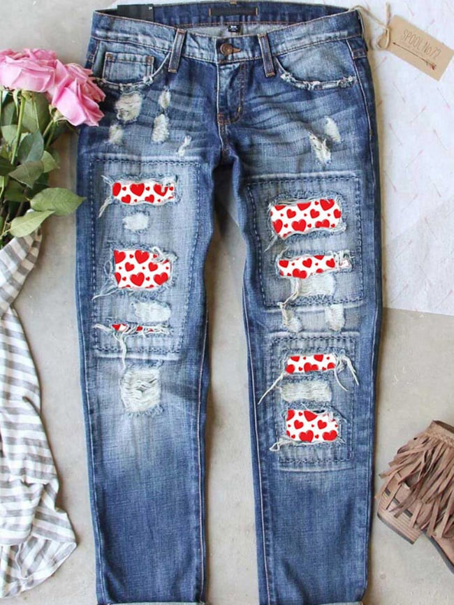 Heart pattern ripped cropped jeans