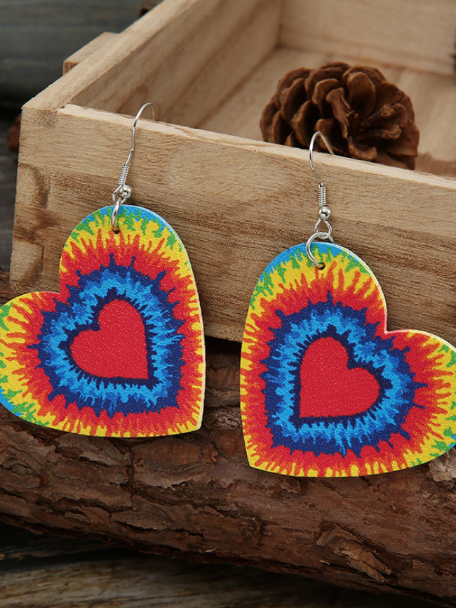 Heart-shaped rainbow tie-dye leather earrings