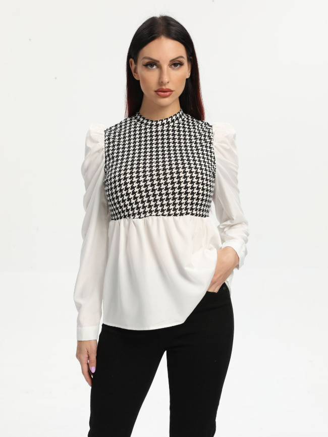 Houndstooth panel pleated shirt