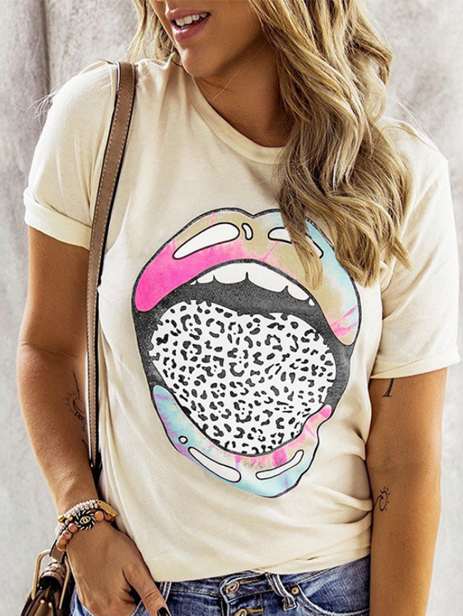 Leopard and Mouth Graphic Short Sleeve Tee