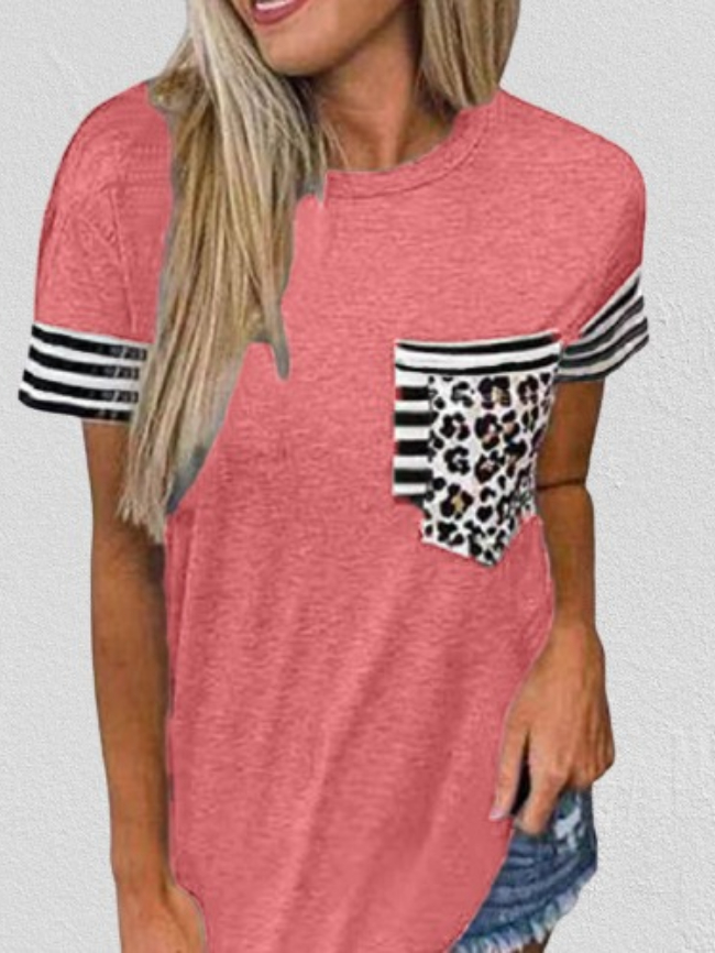Leopard and Striped Pocket Decor Short Sleeve Tee