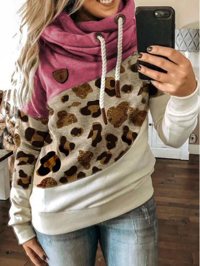 Leopard print contrast drawstring sweatshirt