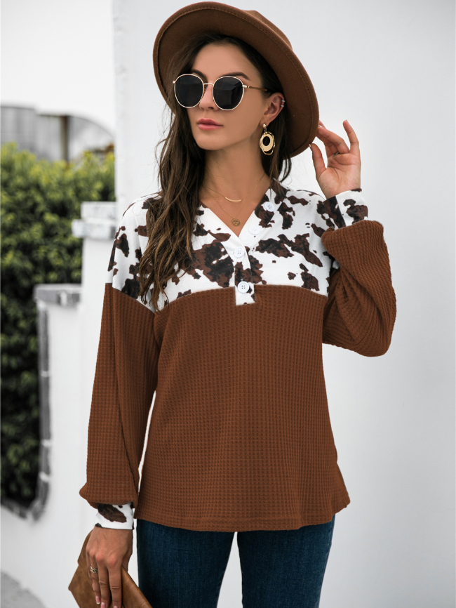 Leopard stitching button long-sleeved top