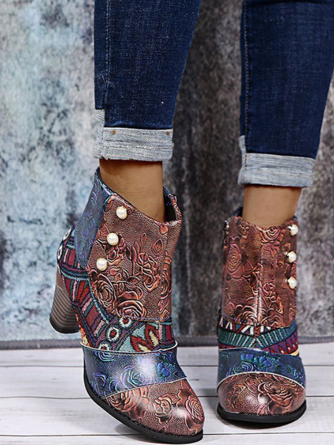 Retro ethnic style stitching high heel boots