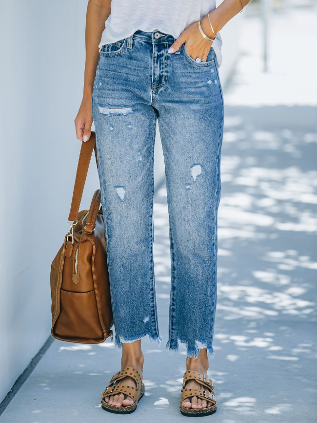 Ripped casual cropped straight-leg jeans
