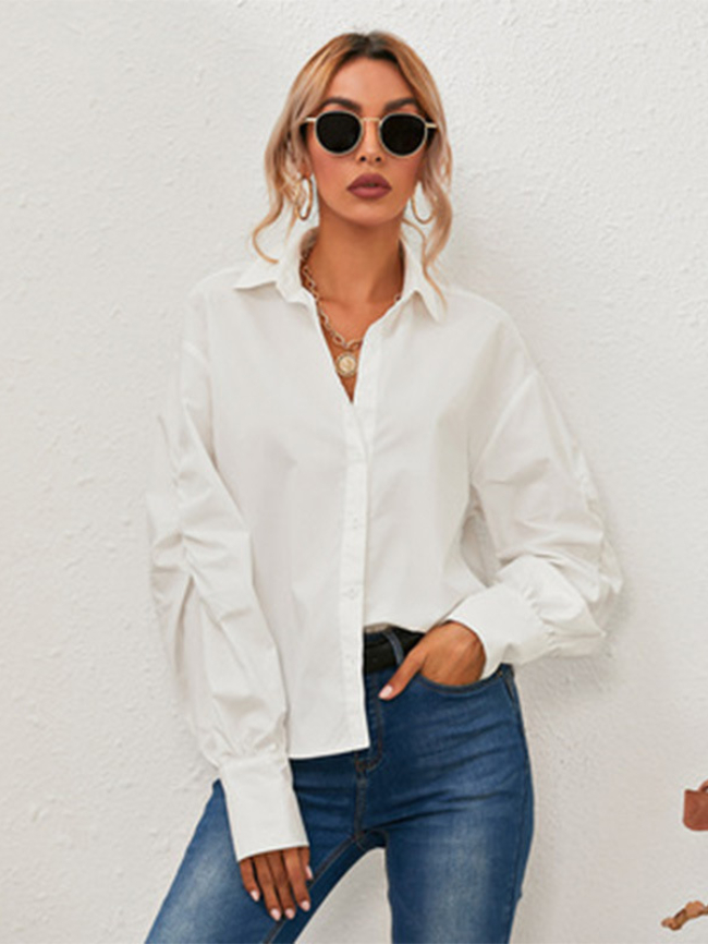 Simple lapel pleated button shirt