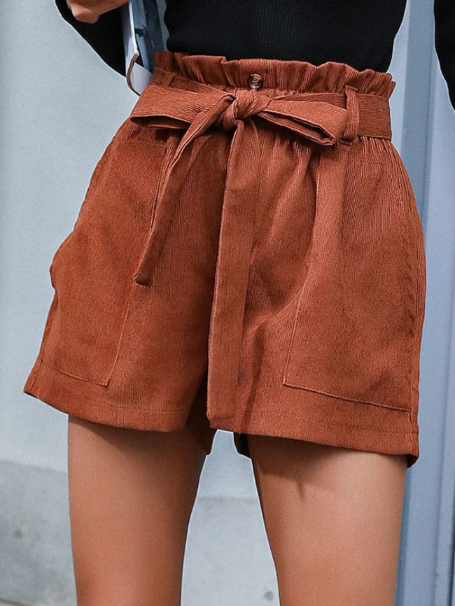 Solid color lace-up corduroy shorts
