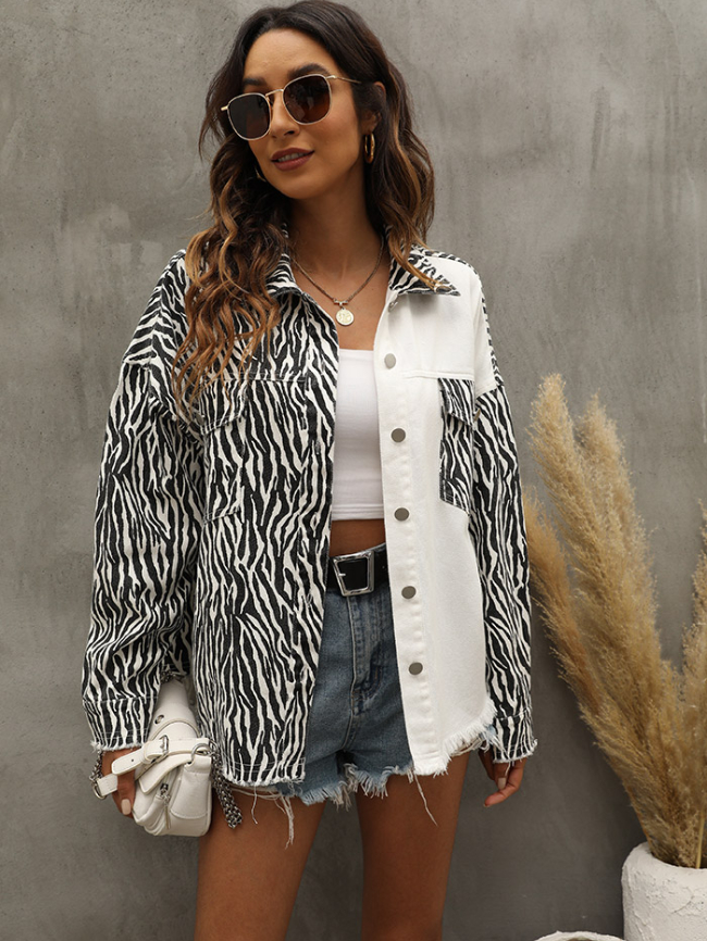 Zebra pattern pocket denim jacket