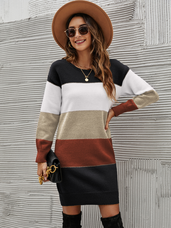 Colorblock round neck knitted dress