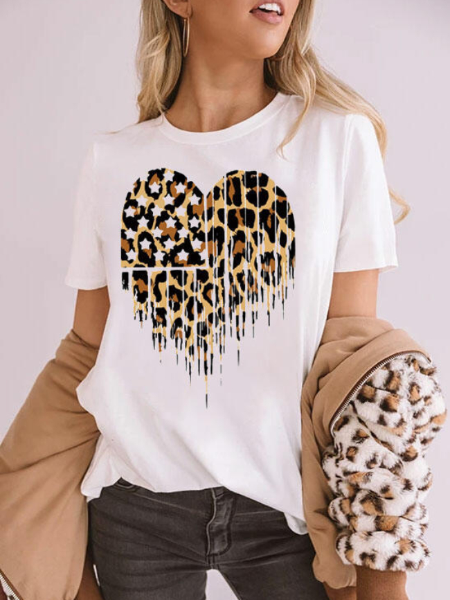 Leopard Heart Print Short Sleeve T-Shirt