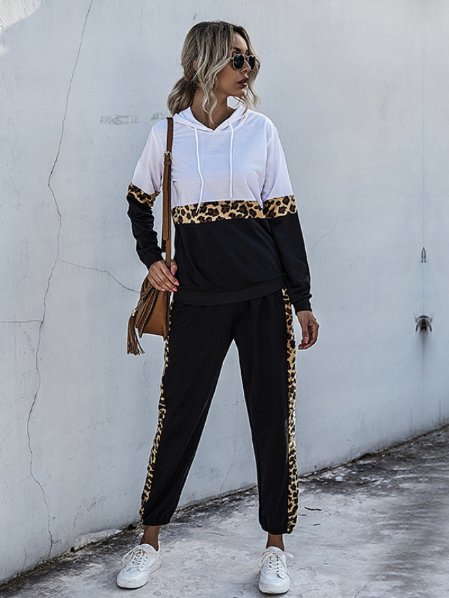 Leopard print leisure sports sweatshirt suit