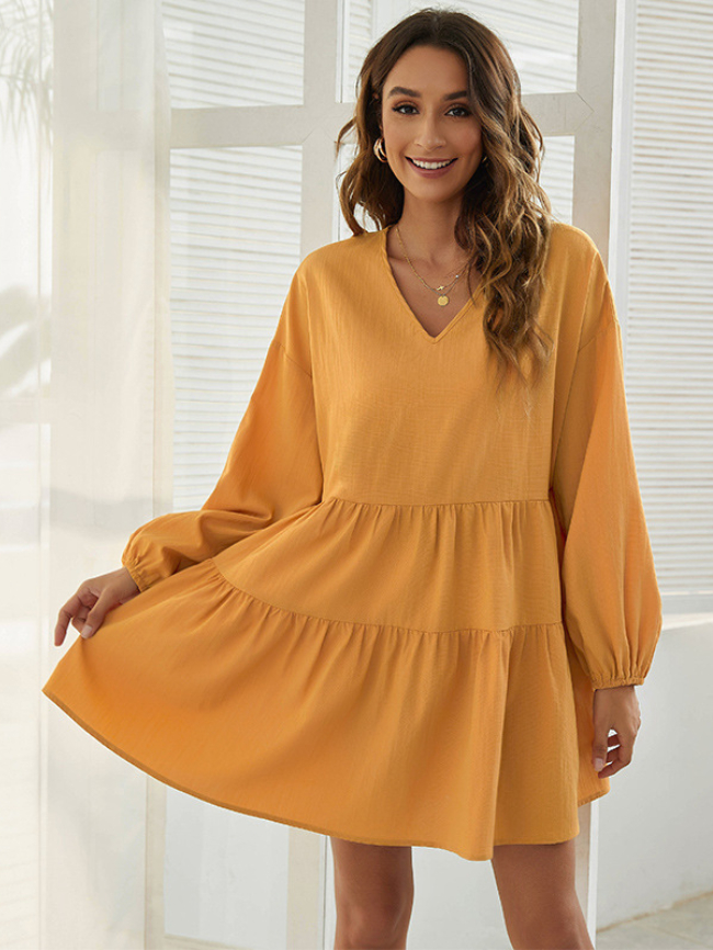 Loose V-Neck Casual Puff Sleeve Dress