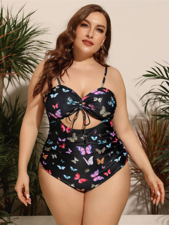 Plus butterfly print lace-up swimsuit