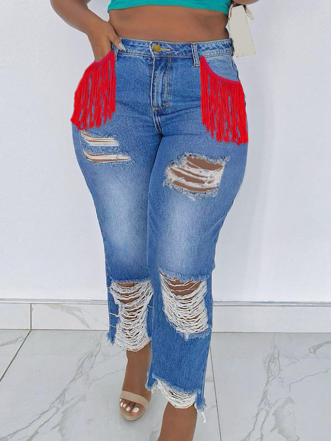 Ripped fringed button wash jeans