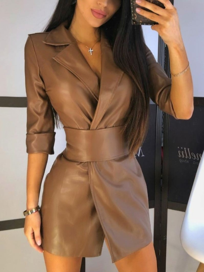Solid Color Half Sleeve Leather Dress with Belt