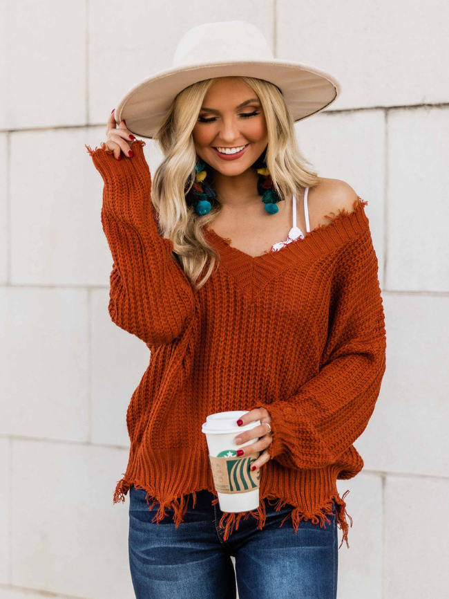 Solid color V-neck knitted sweater