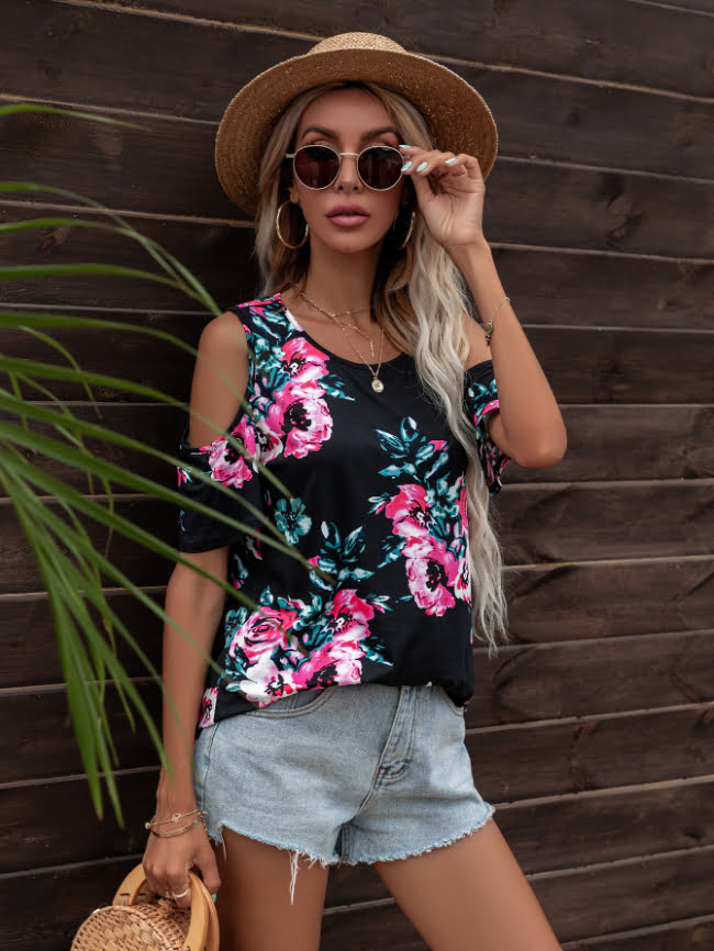 Floral off-the-shoulder casual T-shirt