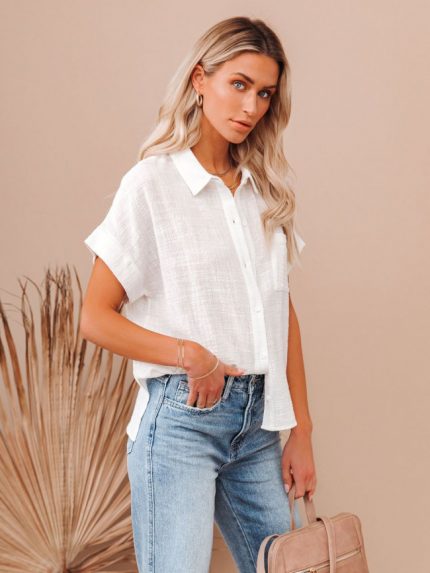 Wholesale Button Short Sleeve Cotton Linen Shirt