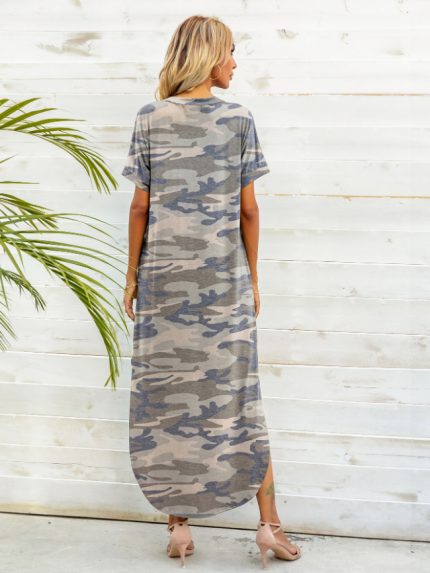 Wholesale Camouflage Crew Neck Slit Dress