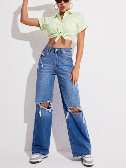 Wholesale Casual Ripped High Rise Wide-Leg Jeans