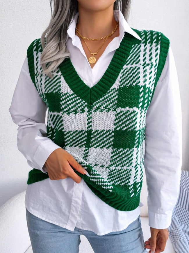 Wholesale Contrast Check Knit Sweater Vest