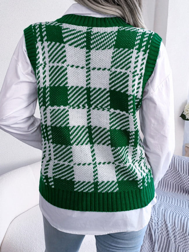 Wholesale Contrast Check Knit Sweater Vest