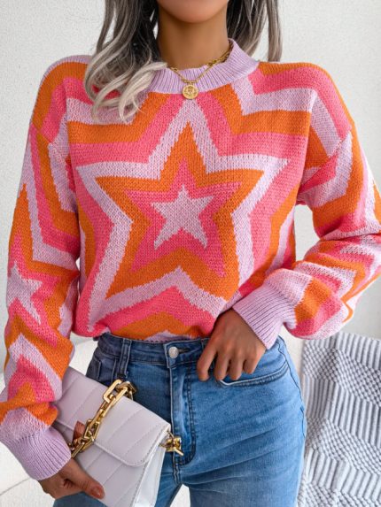 Wholesale Contrast Star Long Sleeve Pullover Sweater