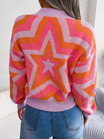 Wholesale Contrast Star Long Sleeve Pullover Sweater