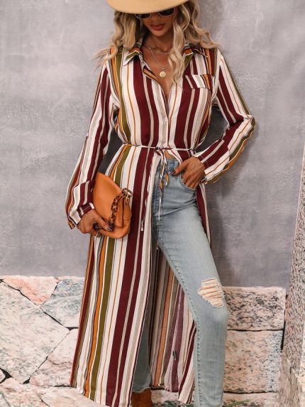 Wholesale Contrast Striped Lapel Long Shirt Cardigan