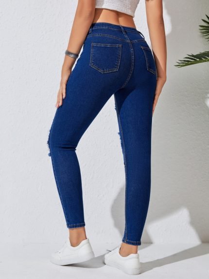 Wholesale Dark Blue Ripped Slim Jeans