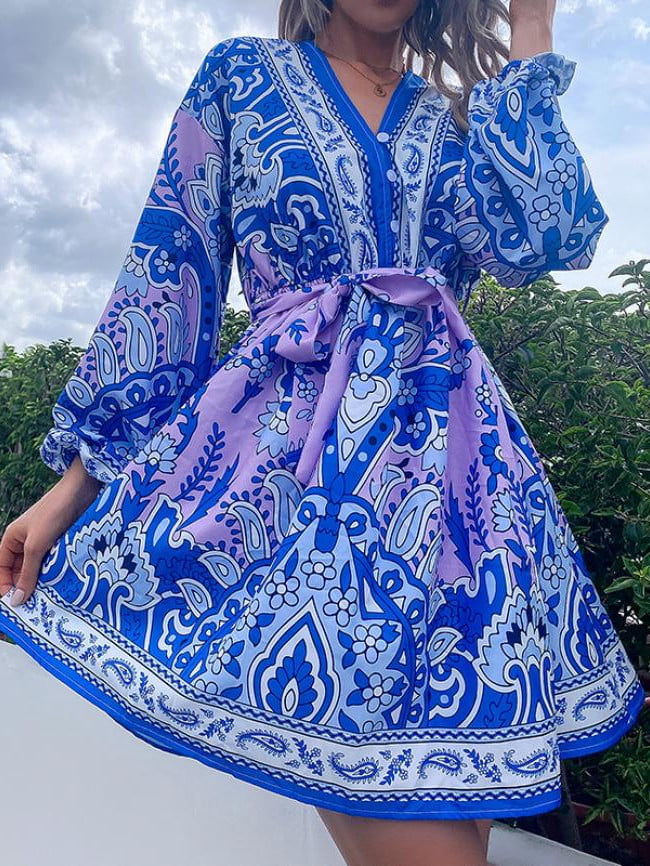 Wholesale Ethnic Print V-neck Swing Dress