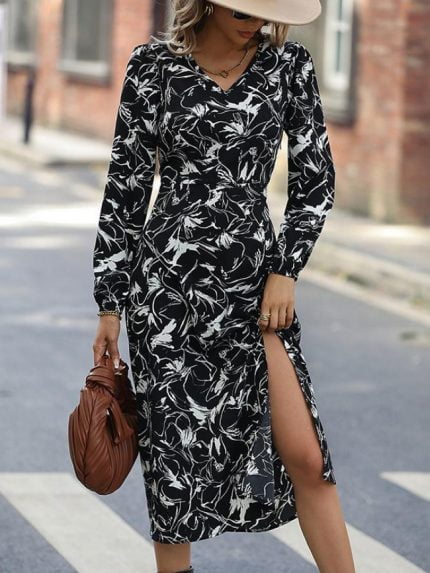 Wholesale Fashion Print V Neck Long Sleeve Dress