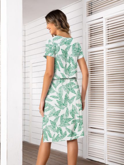 Wholesale Floral Leaf Print Drawstring Dress
