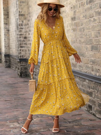 Wholesale Floral V-Neck Puff Sleeve Maxi Dress
