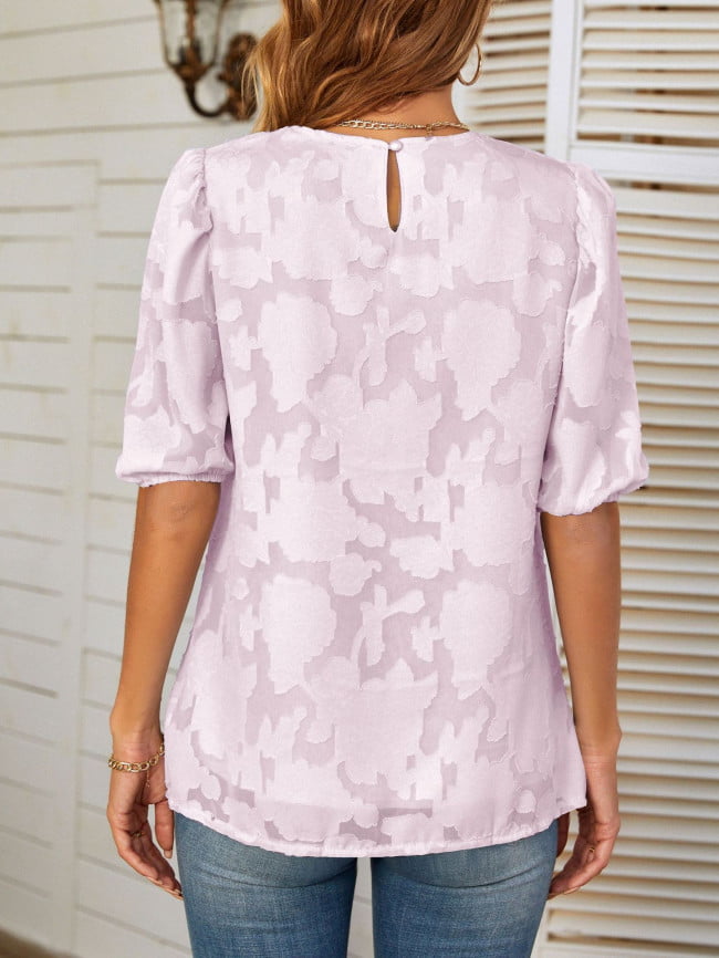 Wholesale Floral-textured puff-sleeve chiffon top