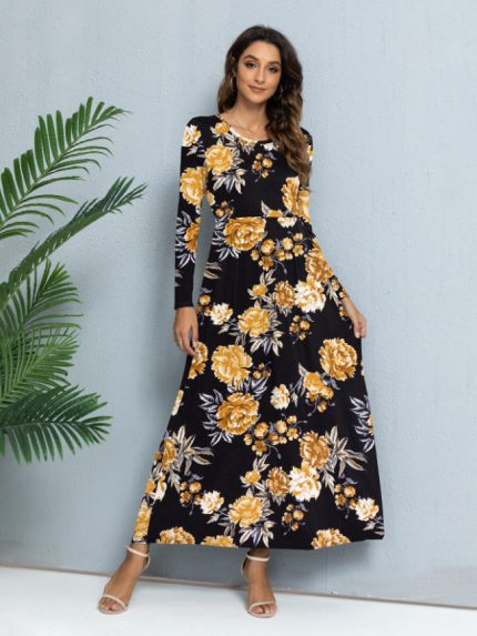 Wholesale Flower Print Crew Neck Maxi Dress