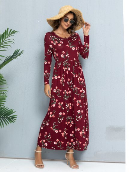 Wholesale Flower Print Long Sleeve Maxi Dress